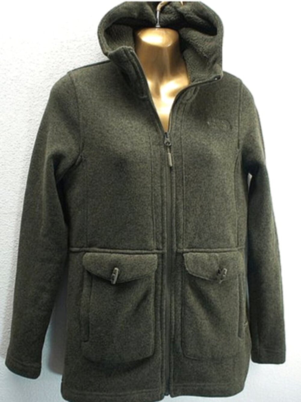 North Face Crescent Olive Green Hooded Women's Fleece Jacket size S